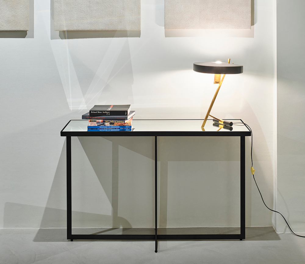 Console d'entrée contemporaine Sana – vue de face – verre miroir – pieds métal noir