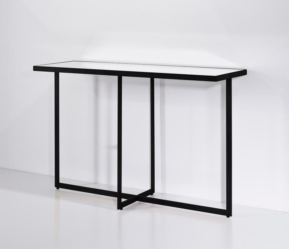 Console d'entrée Sana – vue 3/4 – verre miroir – pieds métal noir