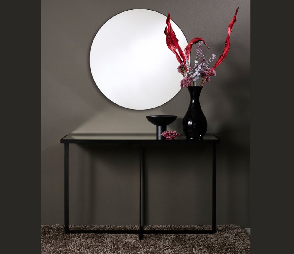 Console d'entrée Sana – vue d’échelle avec vase et miroir – verre miroir