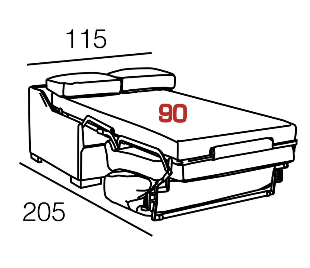 Dessin des dimensions du fauteuil lit 1 place convertible rapido en tissu marron -
