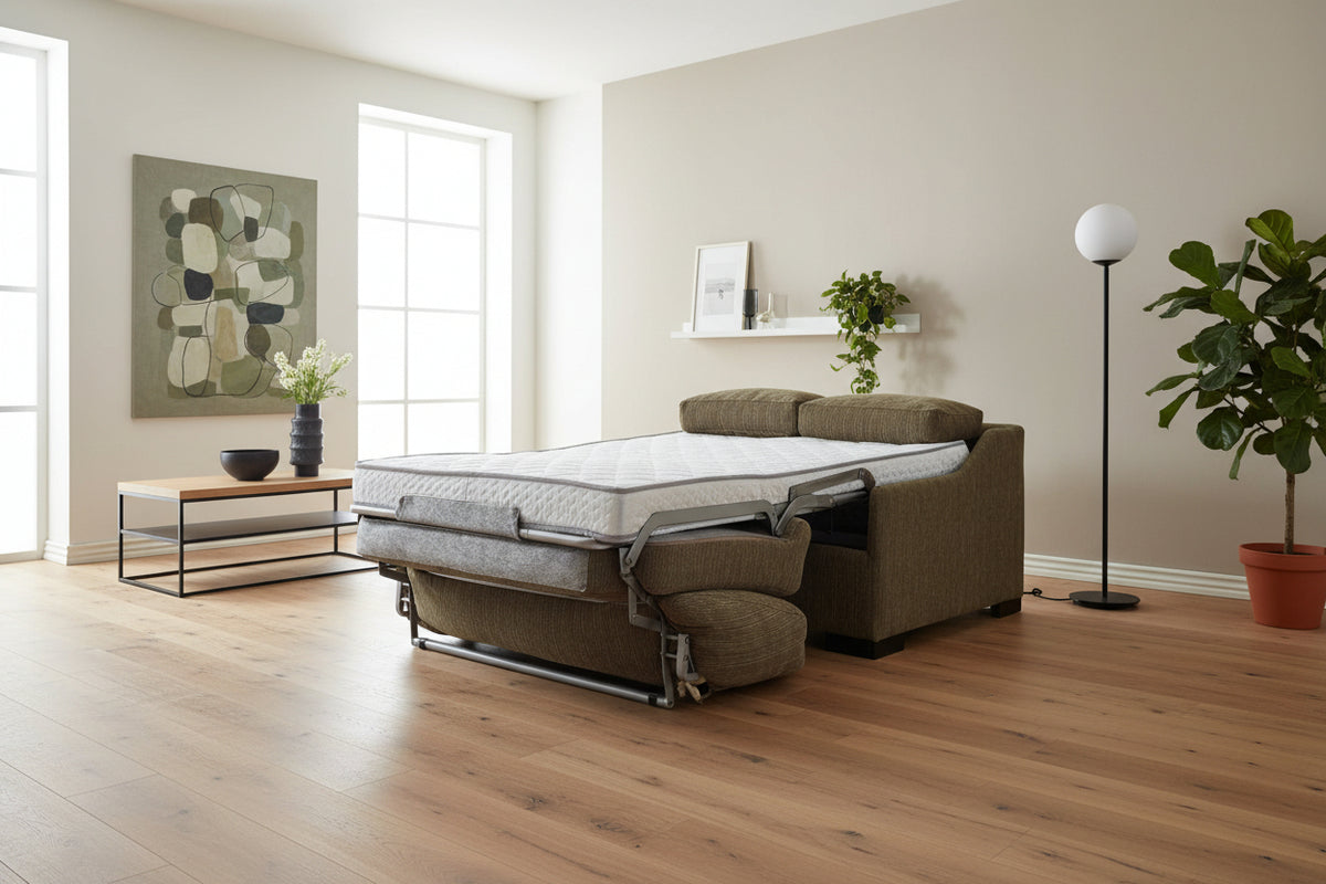 Fauteuil lit 1 place convertible rapido en tissu marron en position ouverte - Souffle d'intérieur