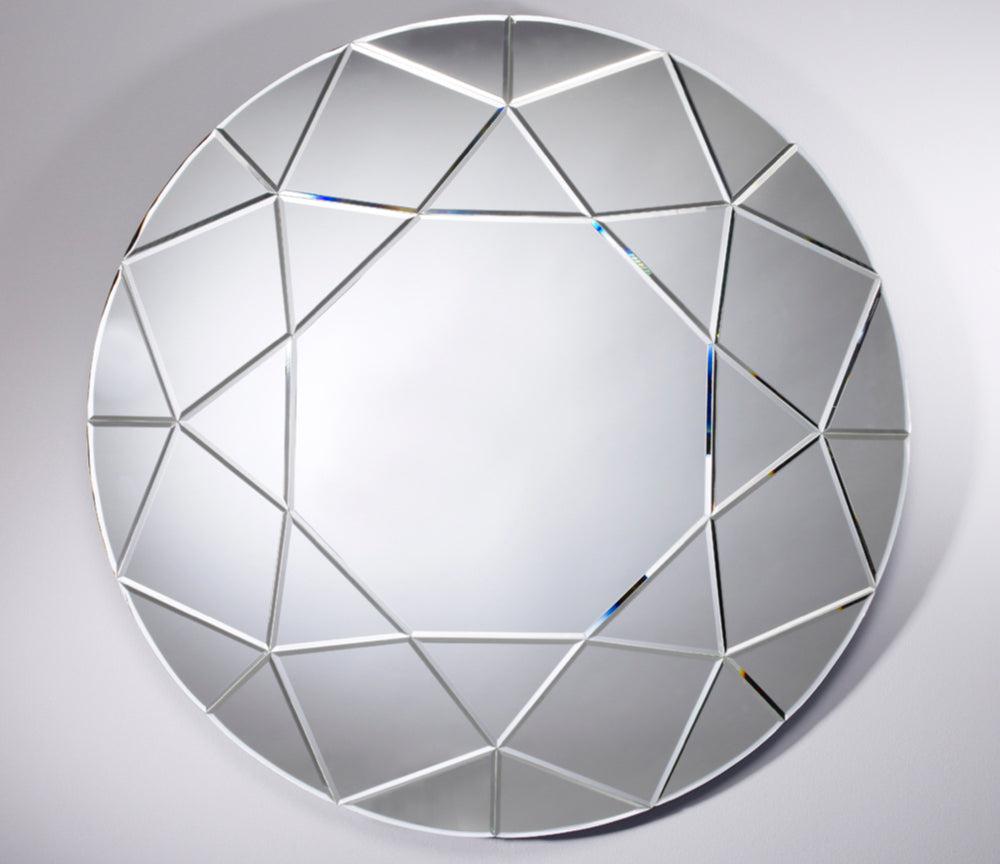 Miroir rond design moderne argenté forme diamant 90 cm – vue de face