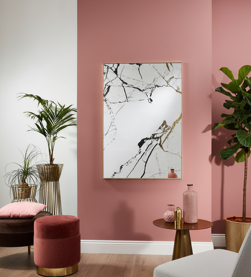 Miroir mural design moderne Marie en situation – salon – cadre doré – vue de face