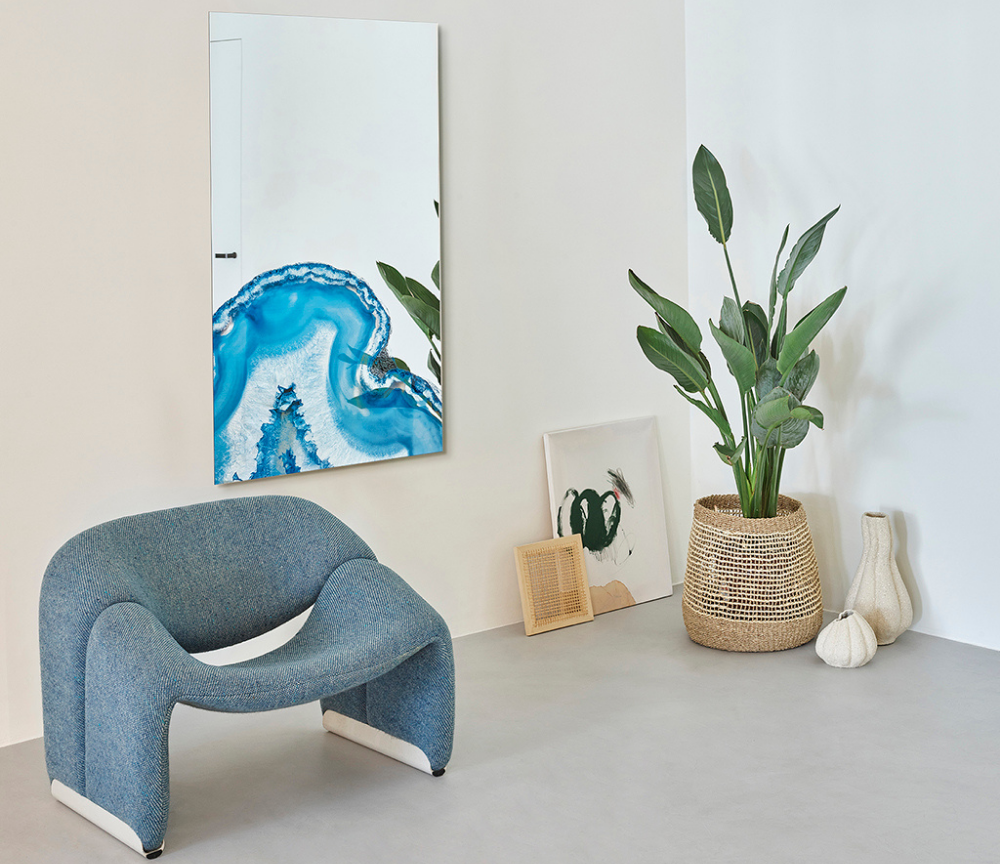 Miroir mural design rectangulaire avec des roches sphériques et des cristaux - Souffle d'intérieur 