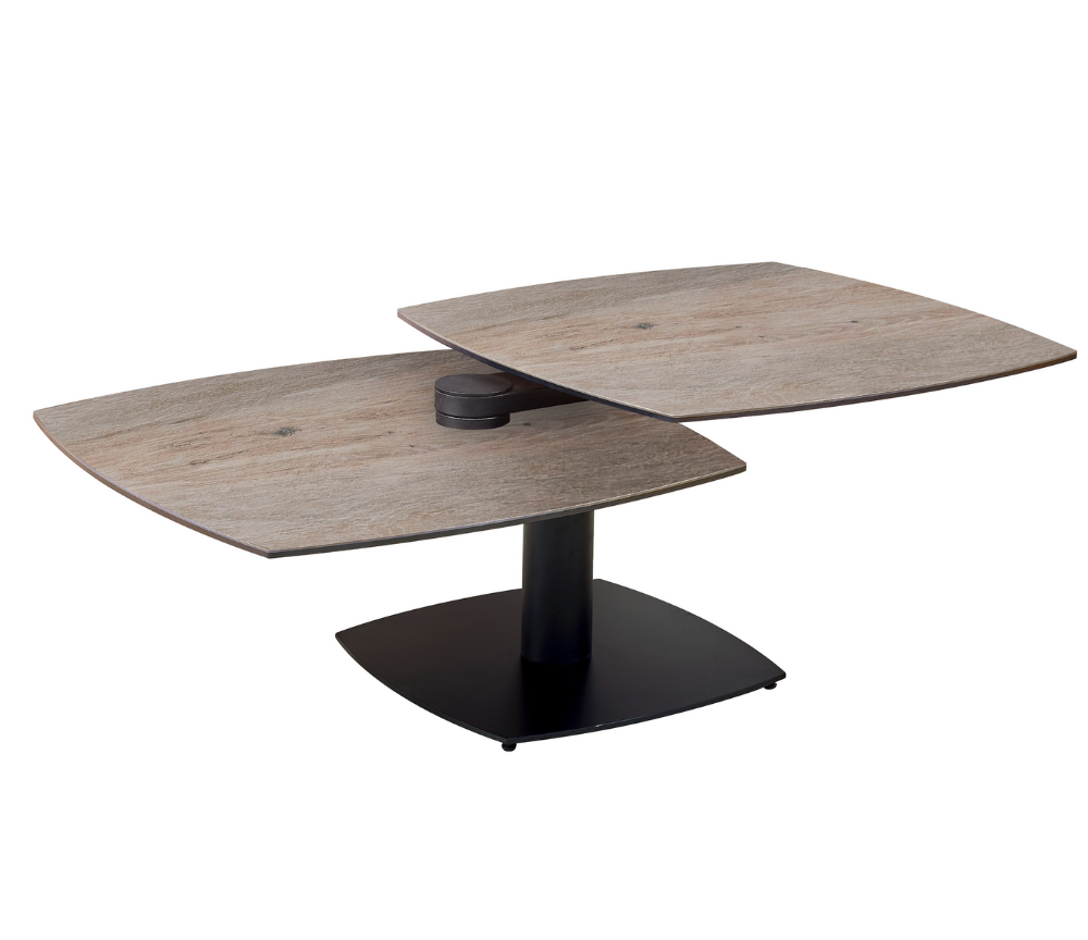 Table basse Theresa ouverte – double plateaux pivotants en céramique effet bois et structure métal noir contemporaine
