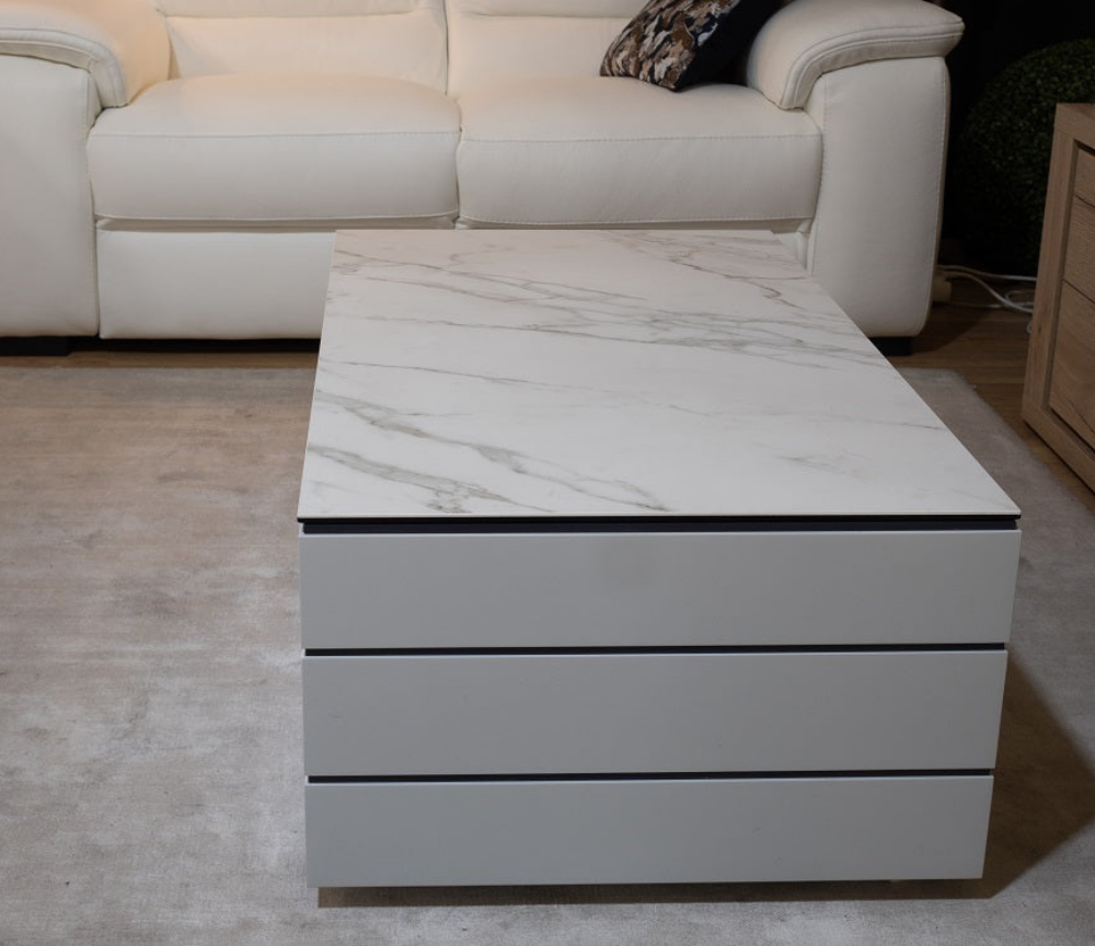 Table basse plateau relevable céramique marbre blanc 110x60cm - Manuella