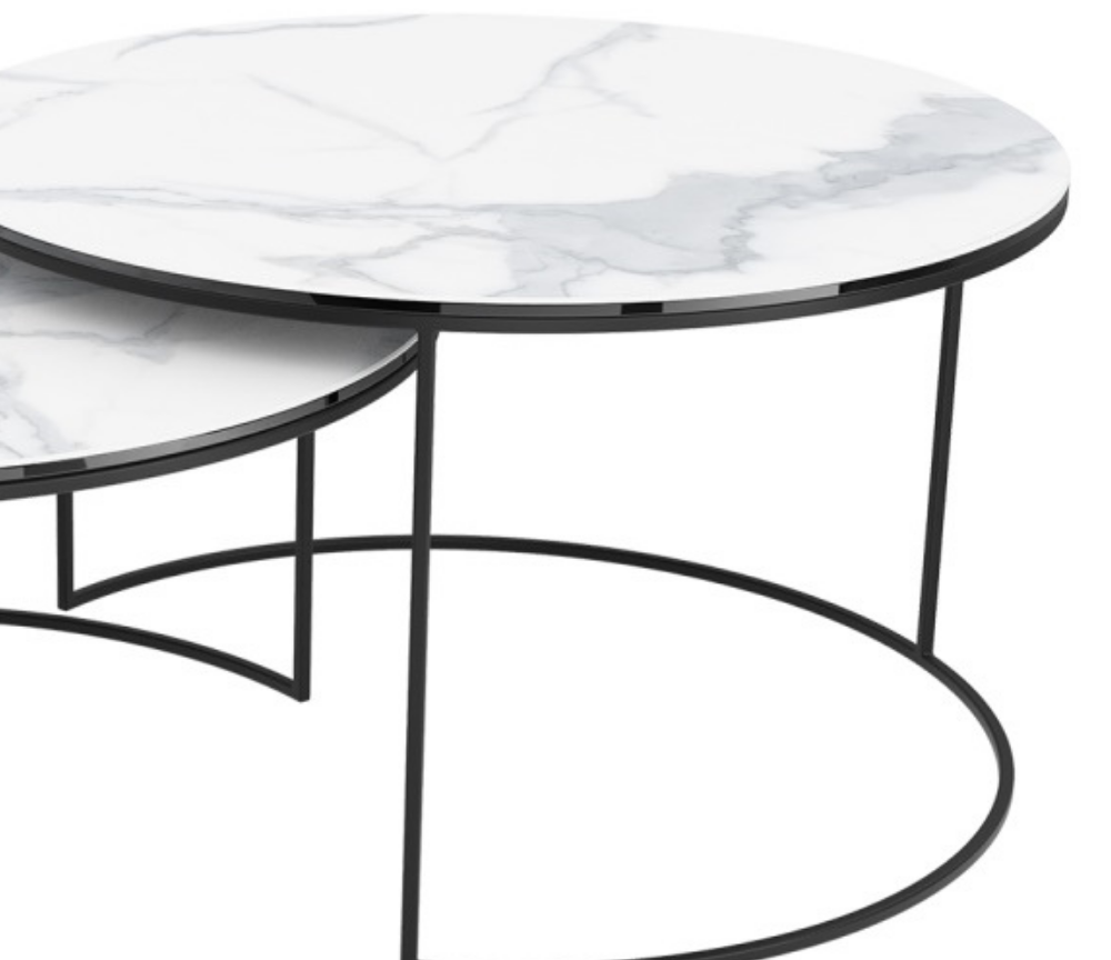 table basse gigogne ronde céramique effet marbre blanc pieds métal noir