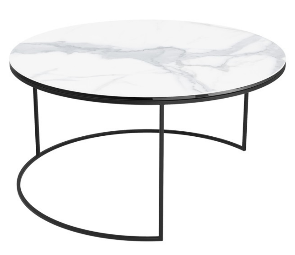 table basse gigogne ronde céramique effet marbre blanc pieds métal noir