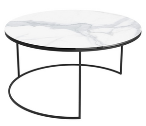 table basse gigogne ronde céramique effet marbre blanc pieds métal noir