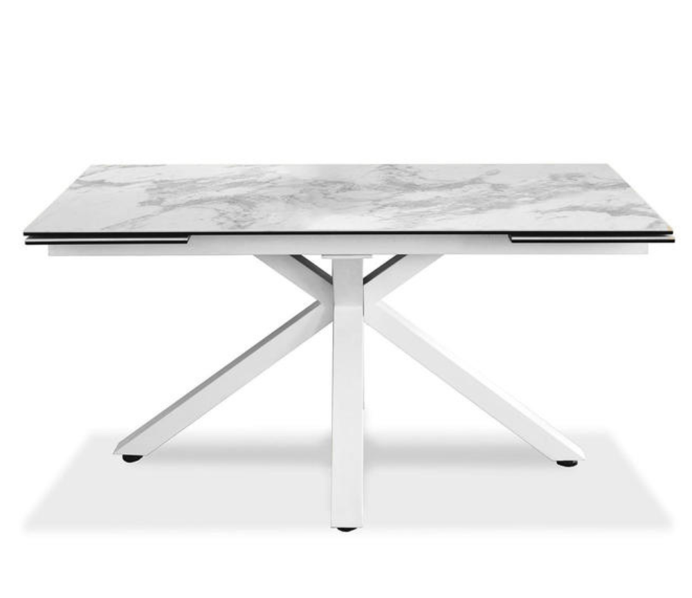 Table de repas céramique extensible marbre blanc brillant 160cm moderne pieds blanc - Souffle d'intérieur