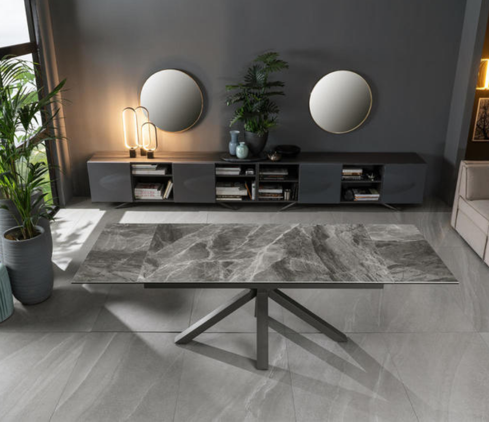 Table de repas céramique extensible marbre clair contemporaine - Souffle d'intérieur