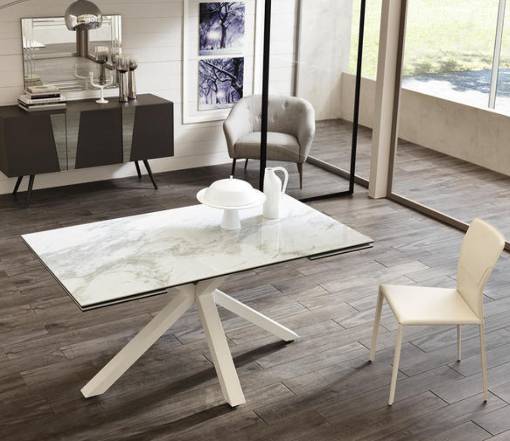 Table a manger céramique extensible marbre blanc brillant L 160cm  - Stan