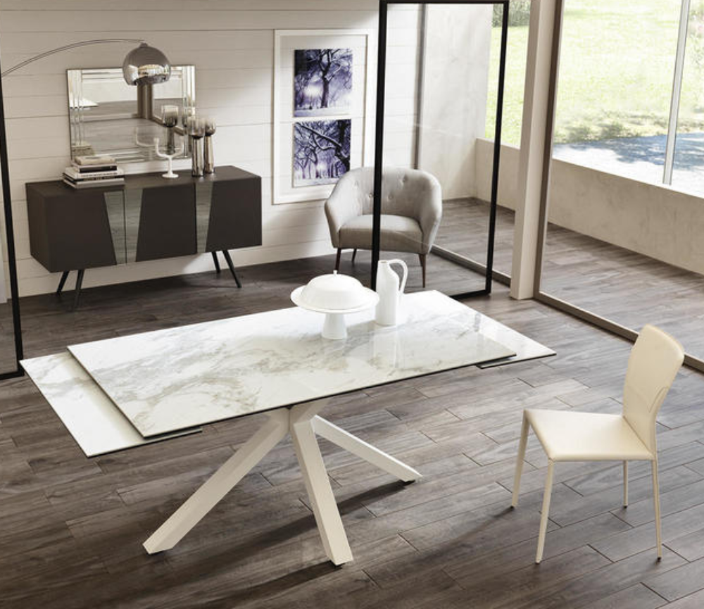 Table a manger céramique extensible marbre blanc brillant L 160cm  - Stan