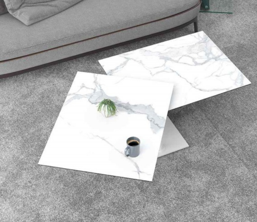 Table basse en céramique marbre 2 plateaux pivotant design - Oprha