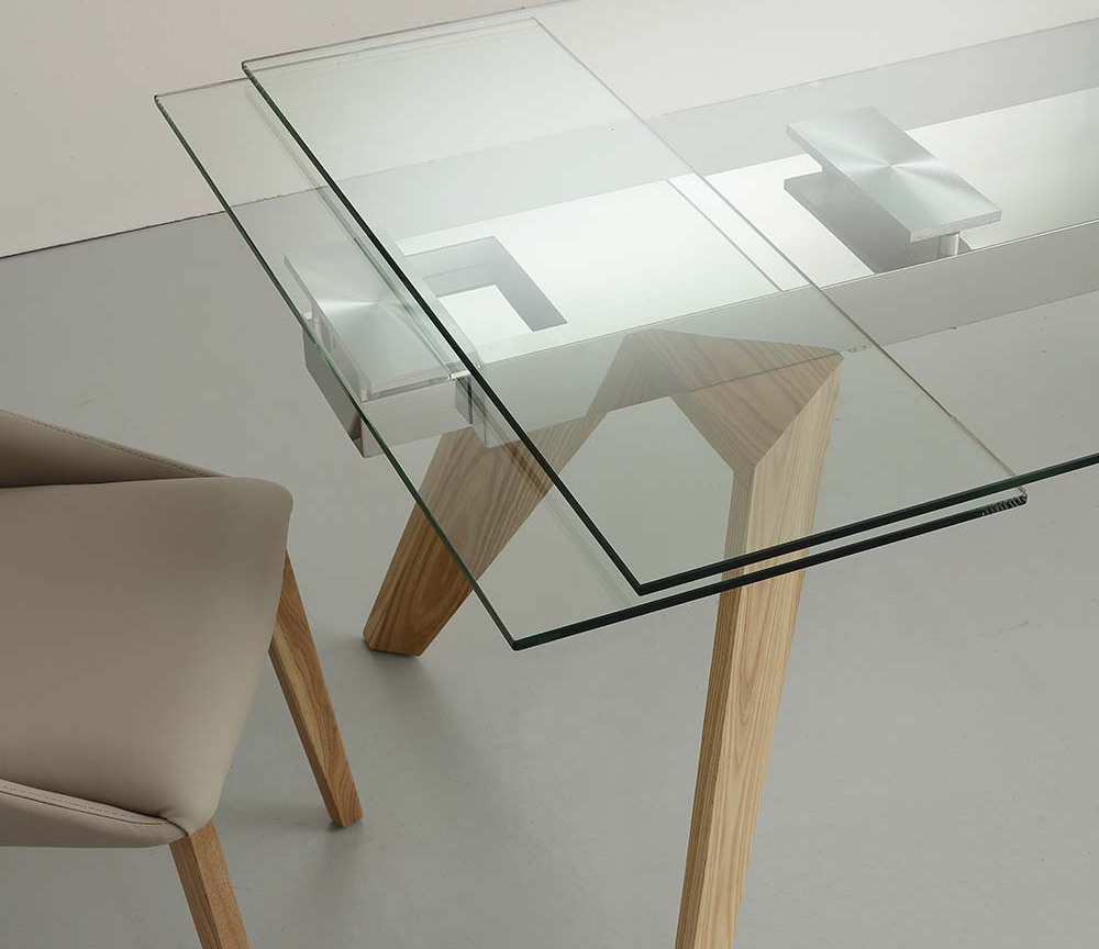 Table en verre avec rallonge rectangulaire pieds bois 160 cm - Kenny