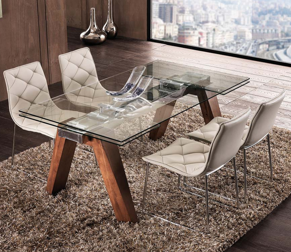 Table en verre extensible design rectangulaire pieds bois - Wilson-Tables de salle à manger et de cuisine-SOUFFLE D’INTÉRIEUR