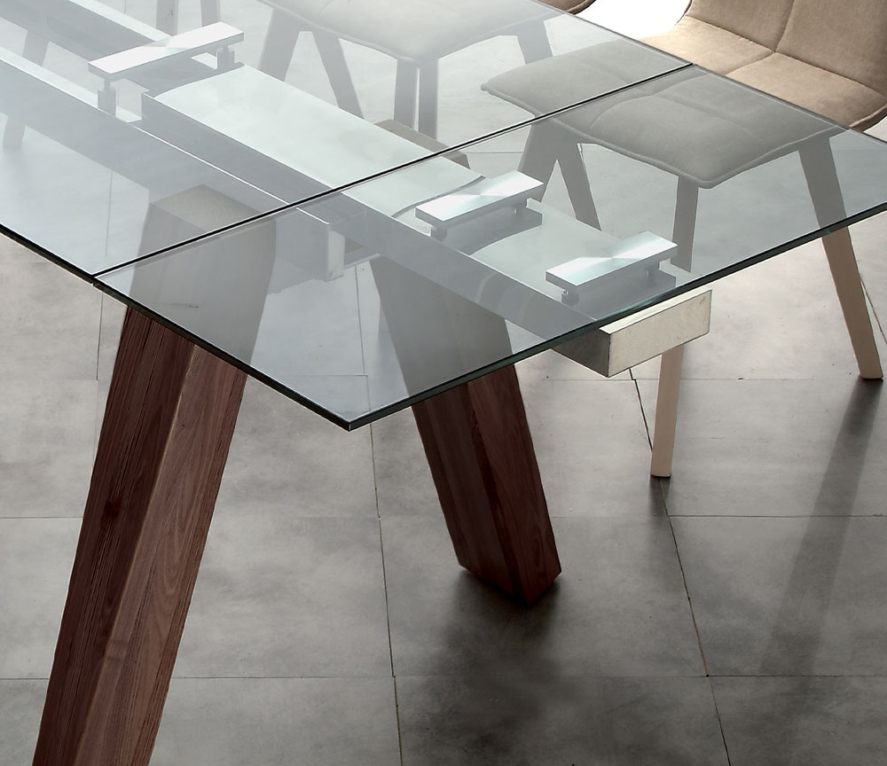Table en verre extensible design rectangulaire pieds bois - Wilson-Tables de salle à manger et de cuisine-SOUFFLE D’INTÉRIEUR