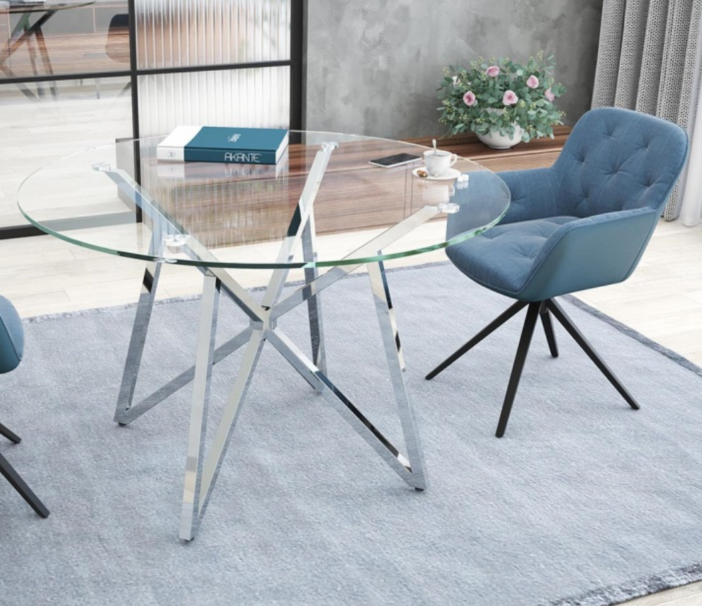 Table a manger ronde en verre design pieds moderne chromé brillant - Florianne