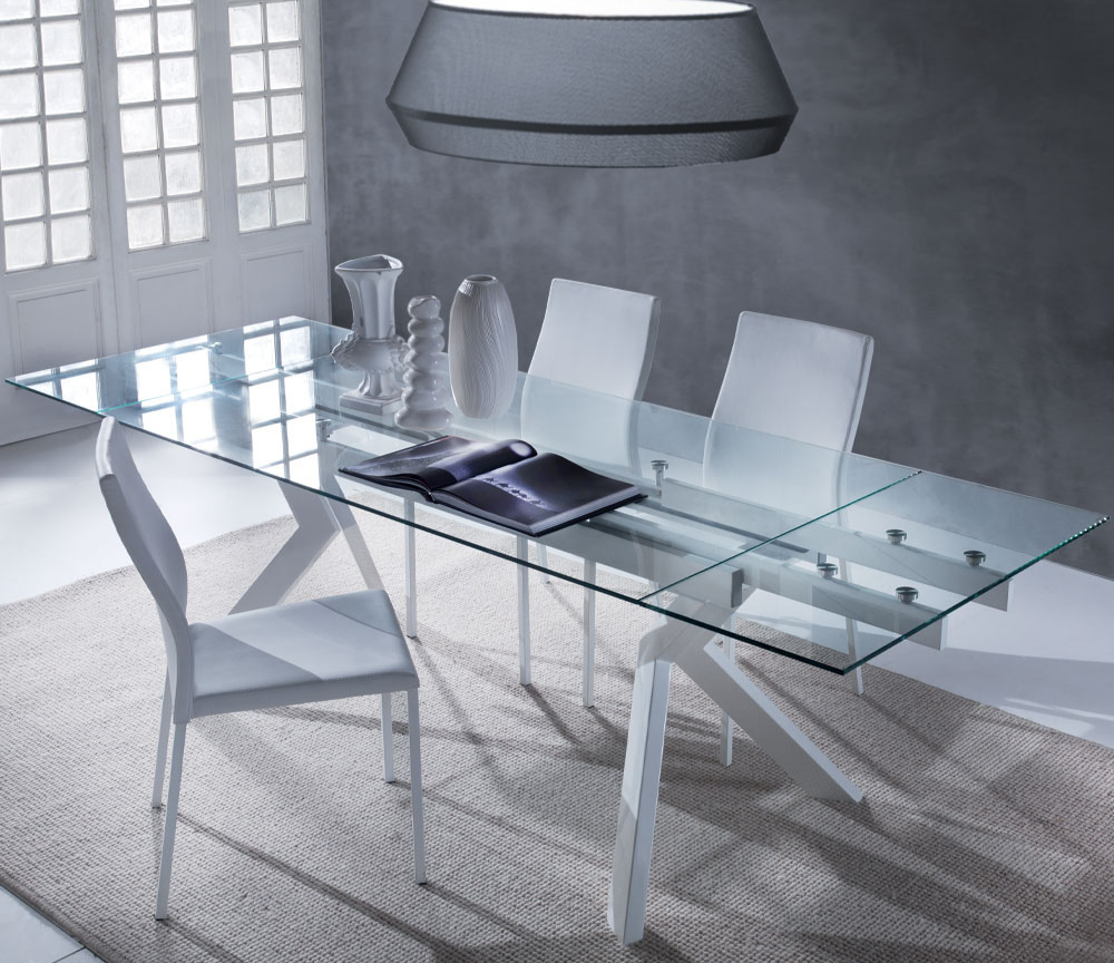 Table extensible en verre design rectangulaire pieds blanc 160 cm - William