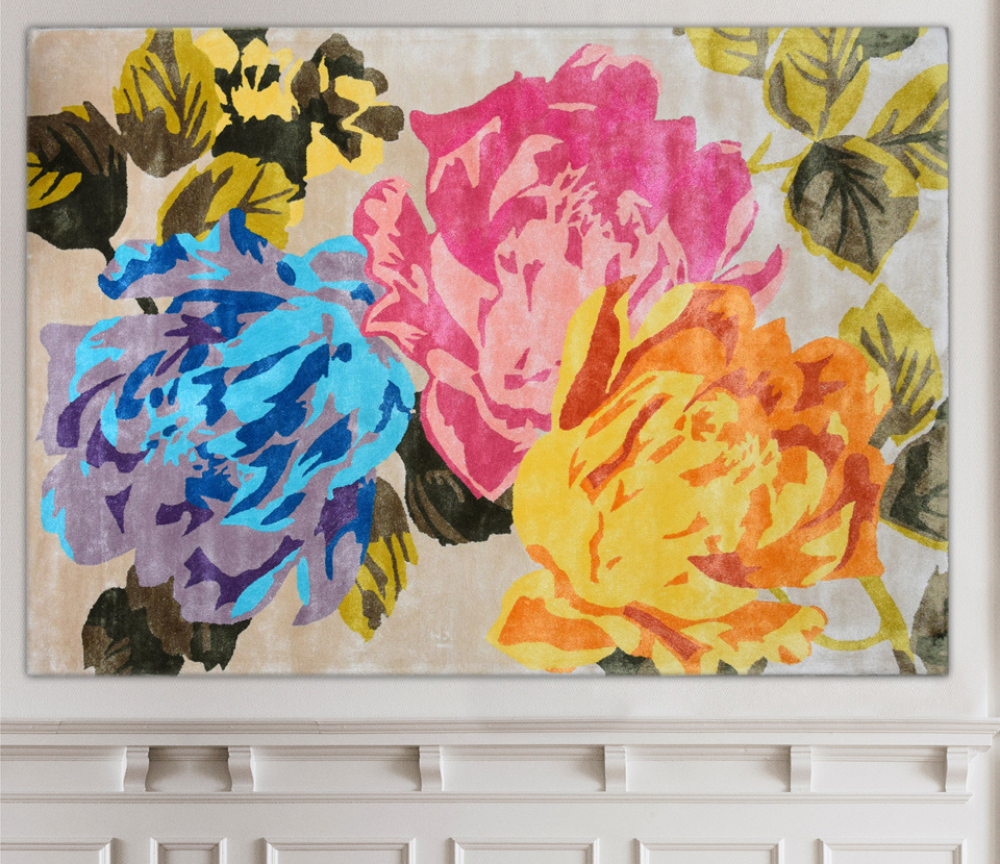 Tapis salon motif fleurs bleu jaune et rose moderne - Flowersy